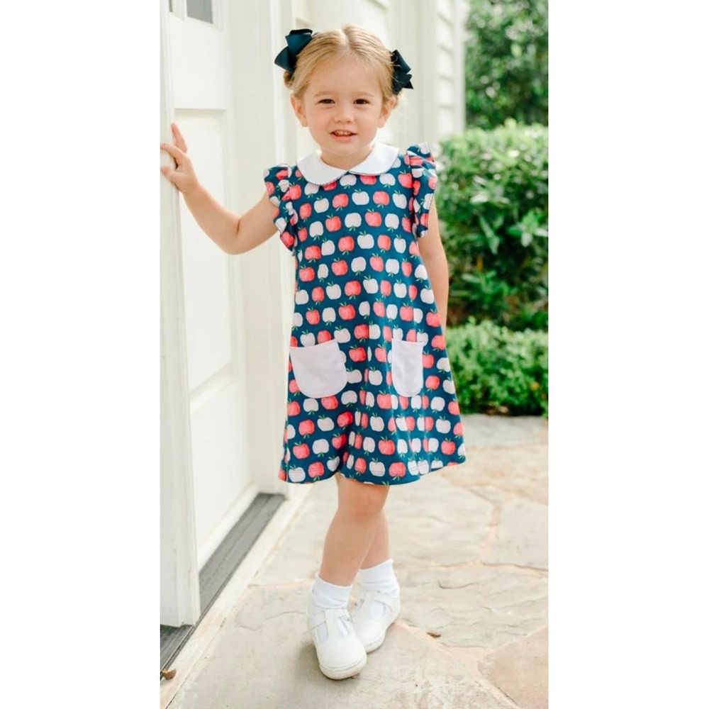The Proper Peony Girls Apple Print Peter‎ Pan Collar Knit Dress Navy Blue 7Y